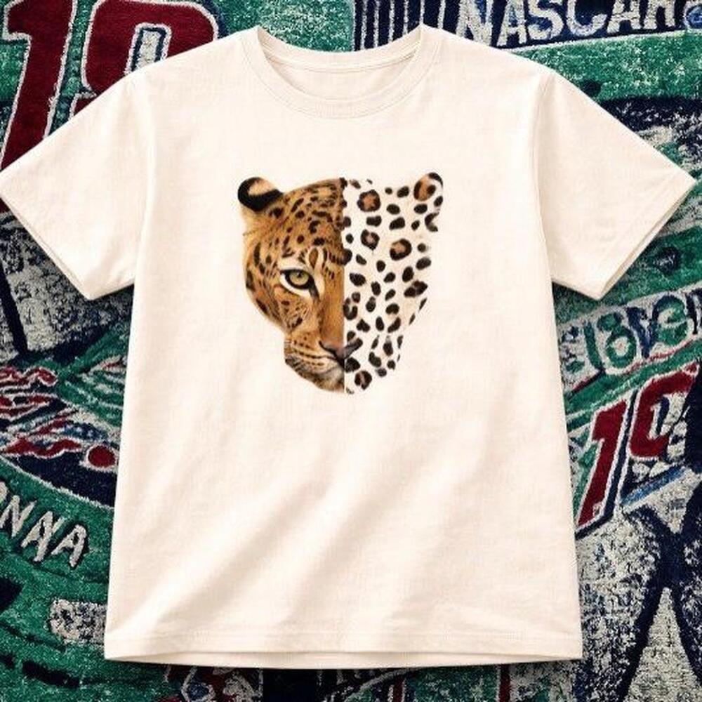 Y2K Bold Leopard Split Face Graphic Tee White Unisex.
